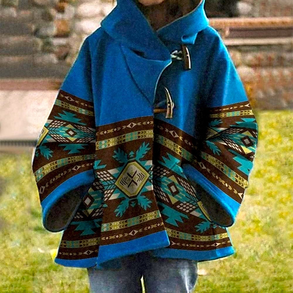 Women's Casual Retro Printed Long Sleeve oversized Hooded Jacket